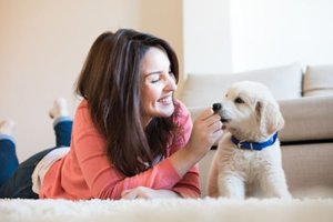 young woman giving her dog a treat through an animal assisted therapy program